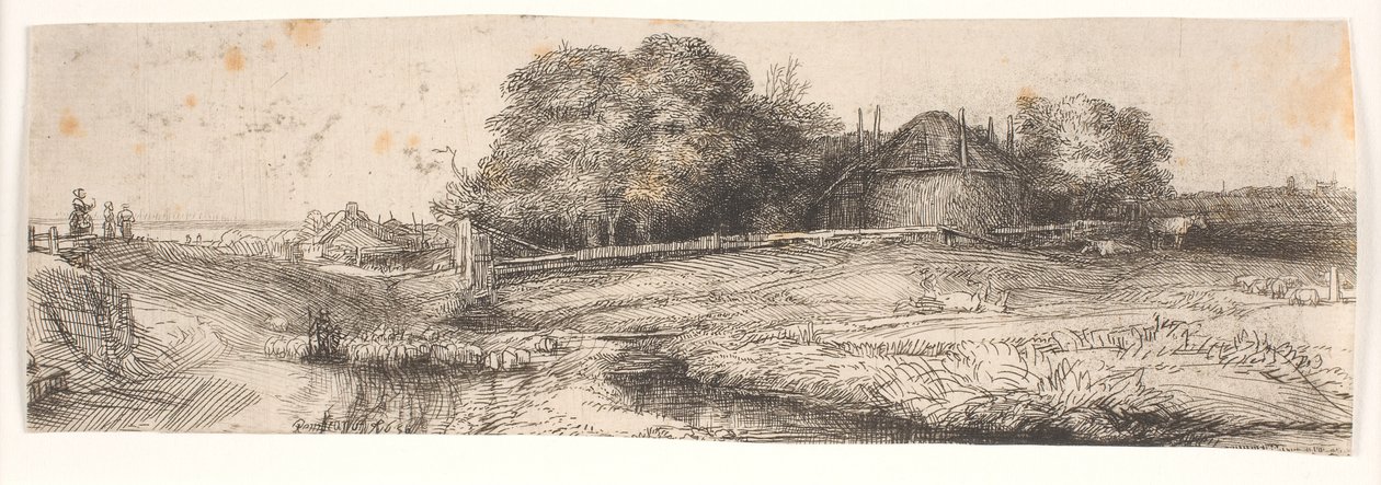Landskab med en høstak og en flok får af Rembrandt van Rijn
