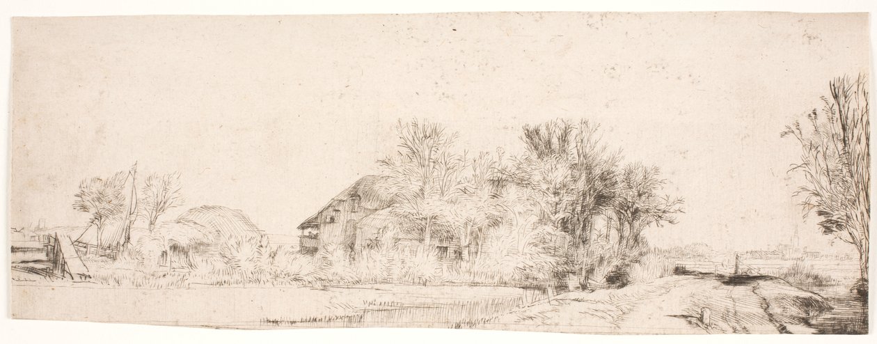Landskab med en vej langs en kanal af Rembrandt van Rijn