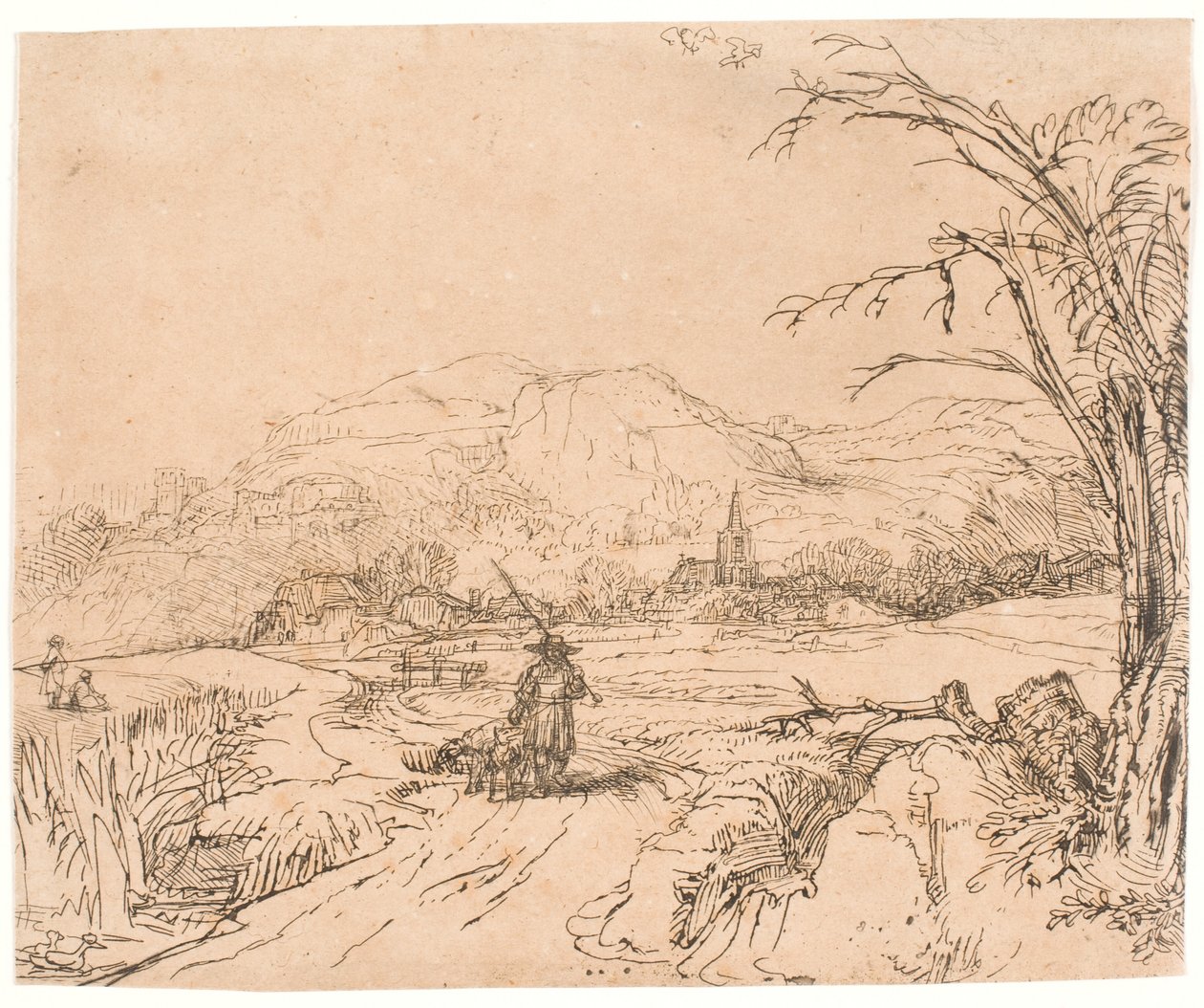 Landskab med en jæger og hunde af Rembrandt van Rijn