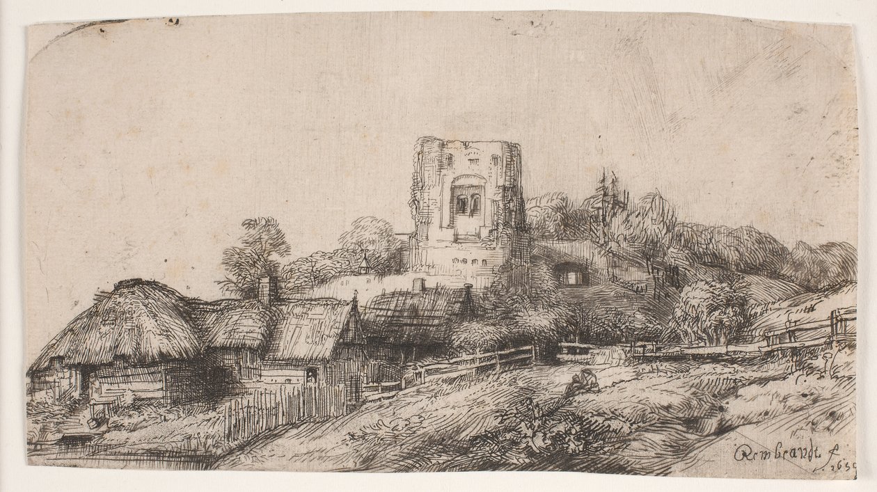 Landskab med et firkantet tårn af Rembrandt van Rijn