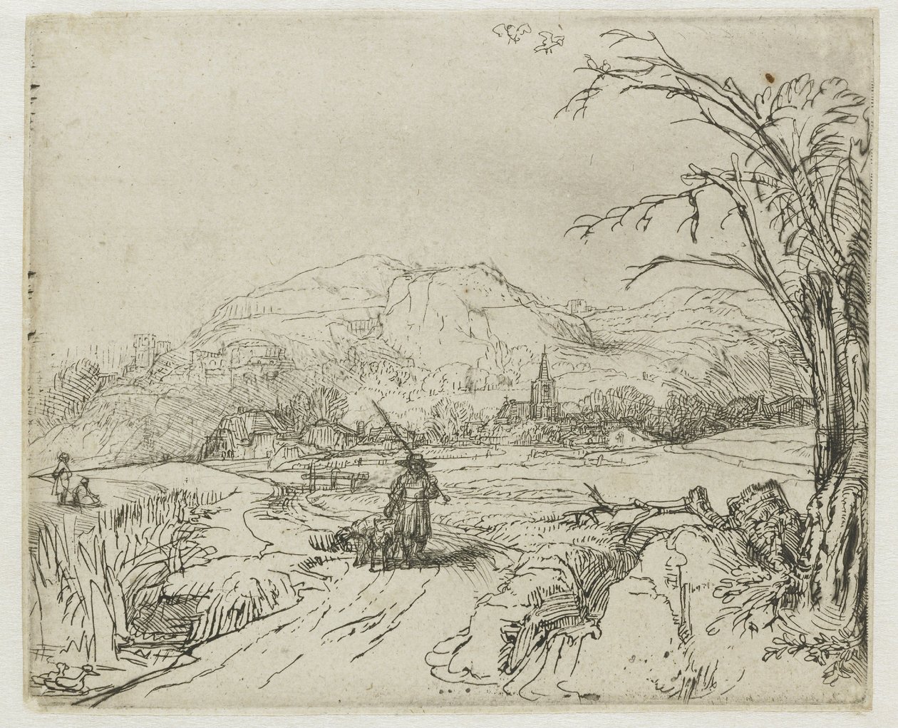 Landskab med en sportsmand og hunde af Rembrandt van Rijn