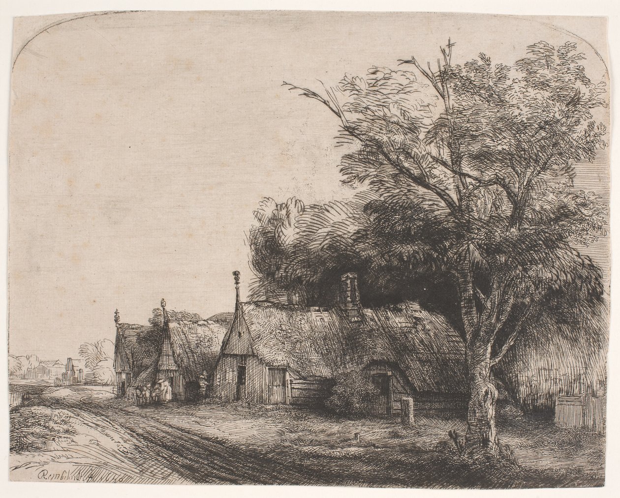 Landskab med tre gavlhuse ved siden af en vej af Rembrandt van Rijn