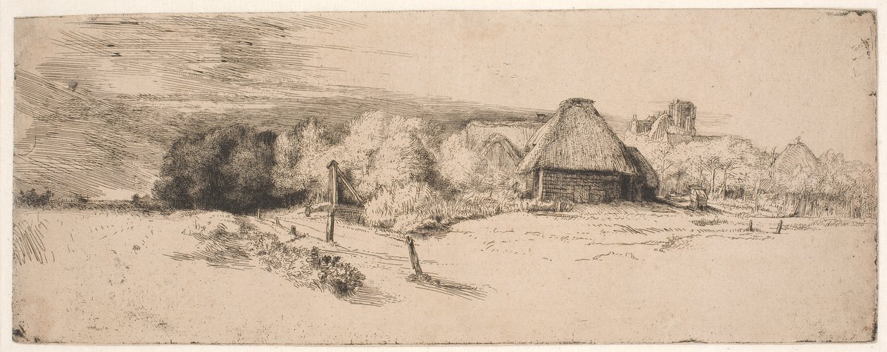 Landskab med træer, landbrugsbygninger og et tårn af Rembrandt van Rijn