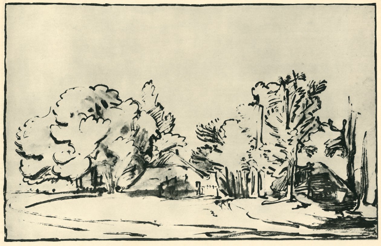 Landskab med to hytter, c1650-1655, 1943. af Rembrandt van Rijn