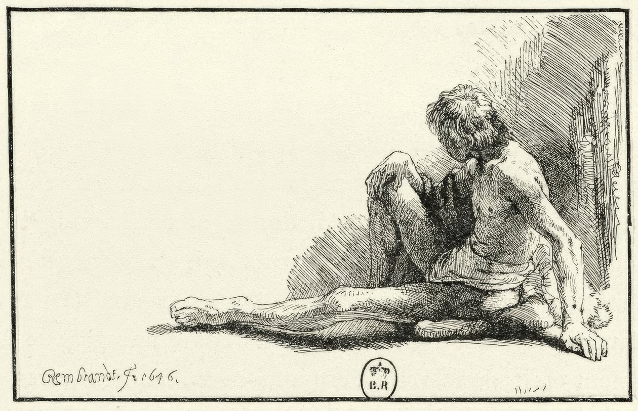 Mand nøgen, sidder på gulvet af Rembrandt van Rijn