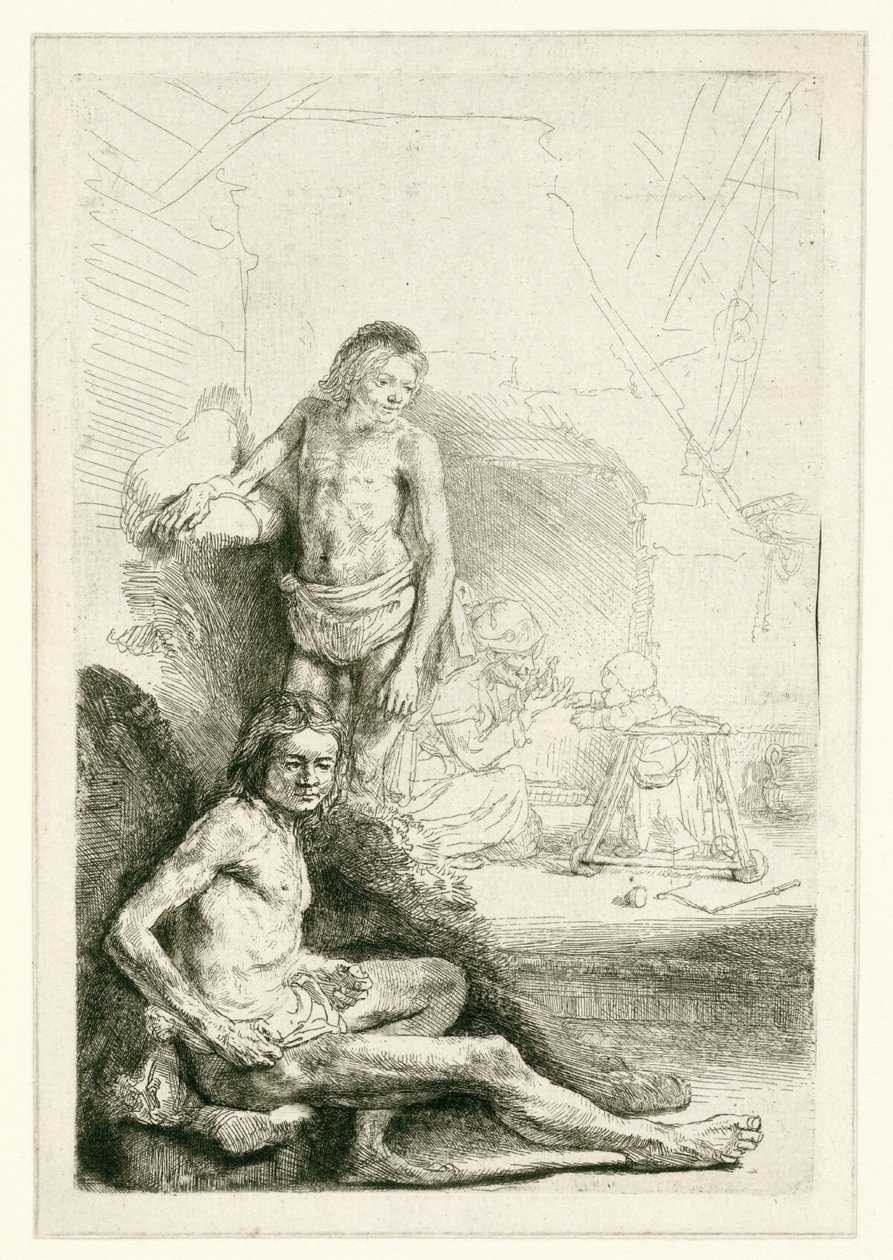 Mandlig nøgenfigur, siddende og stående af Rembrandt van Rijn