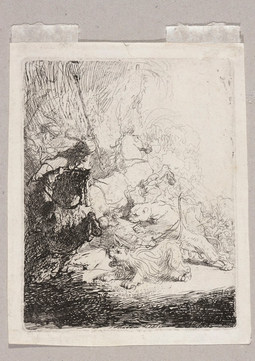 En lille løvejagt (med to løver) af Rembrandt van Rijn