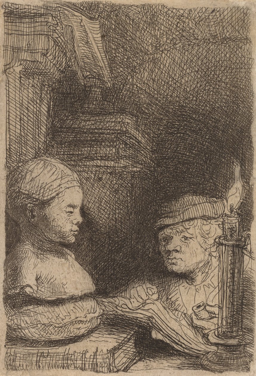 Mand tegner fra en rollebesætning, ca. 1641. af Rembrandt van Rijn