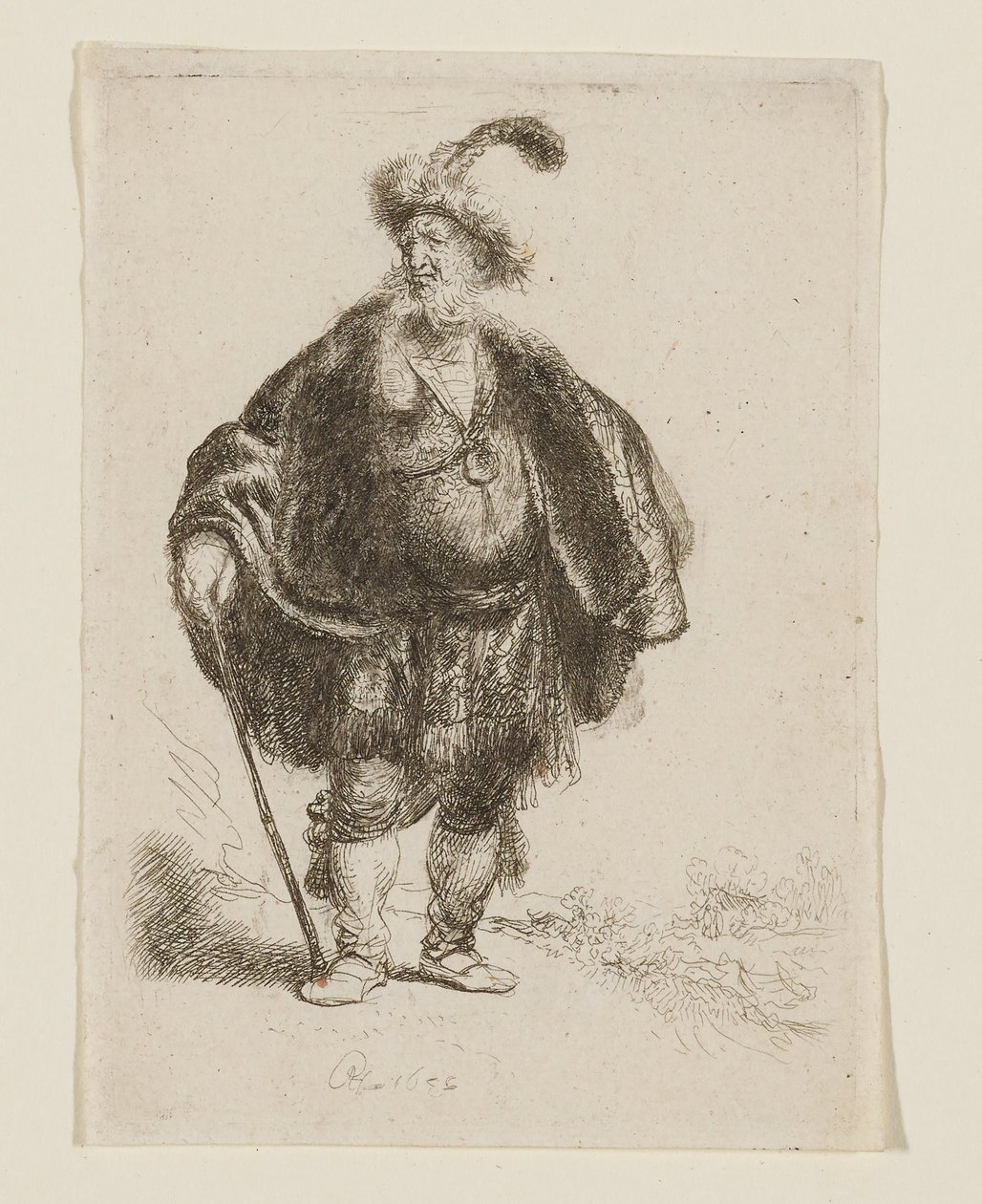Stående mand i orientalsk dragt og pelshue med fjer af Rembrandt van Rijn
