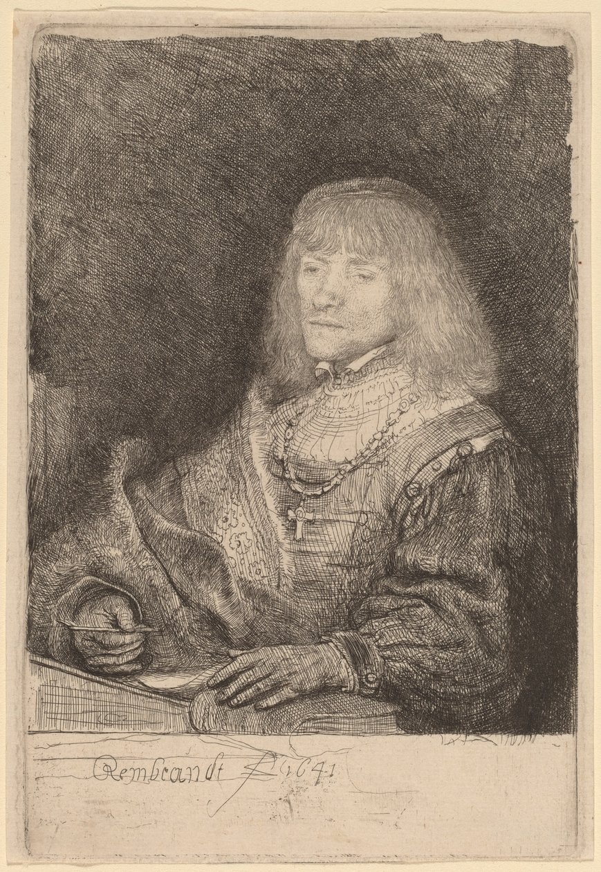 Mand ved et skrivebord iført kors og kæde af Rembrandt van Rijn