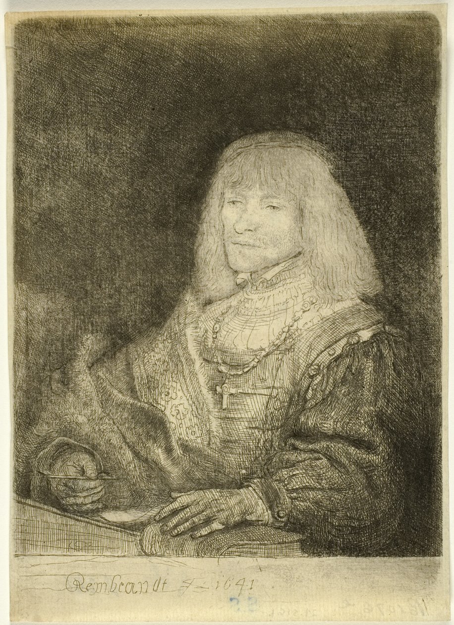 Mand ved et skrivebord iført kors og kæde af Rembrandt van Rijn