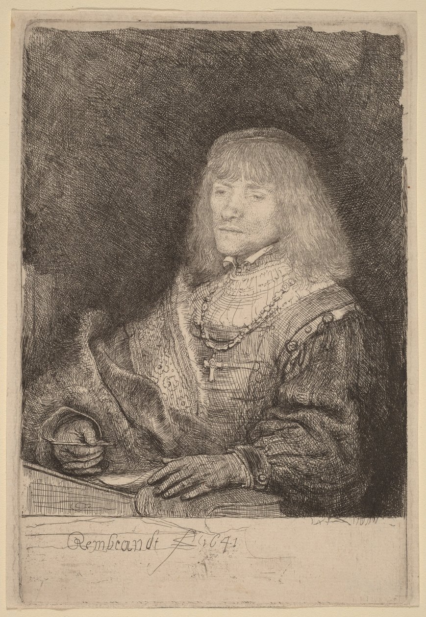 En mand ved et skrivebord iført et kors og en kæde af Rembrandt van Rijn