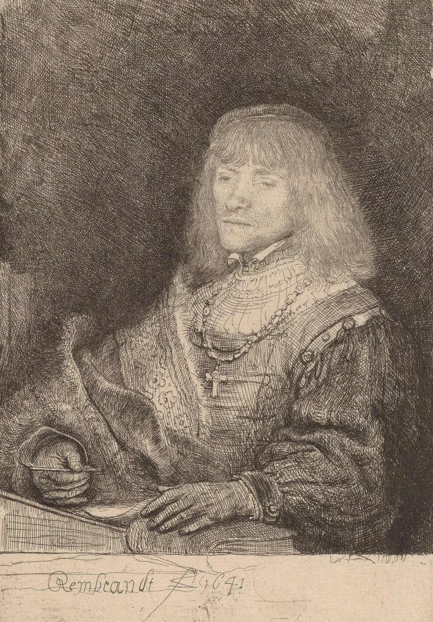Mand ved et skrivebord iført kors og kæde, 1641. af Rembrandt van Rijn