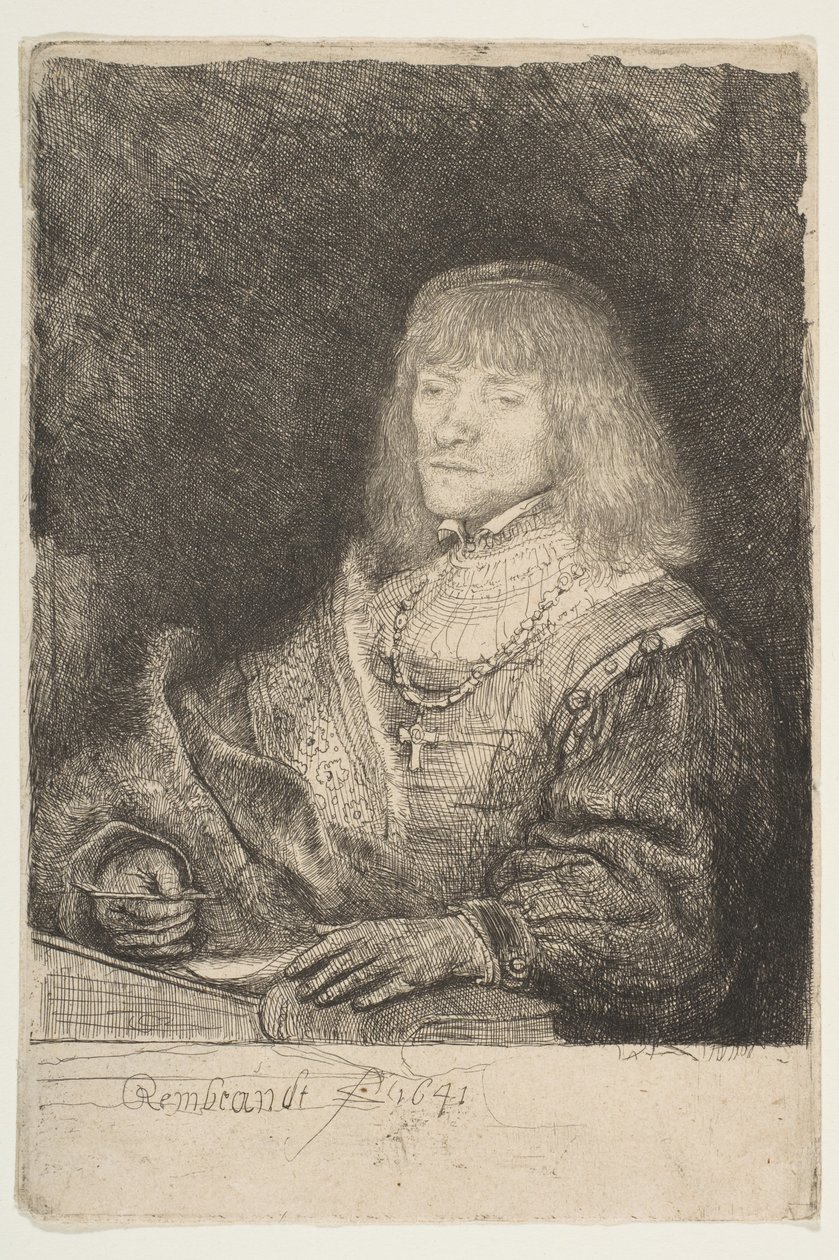 Mand ved et skrivebord iført kors og kæde, 1641. af Rembrandt van Rijn