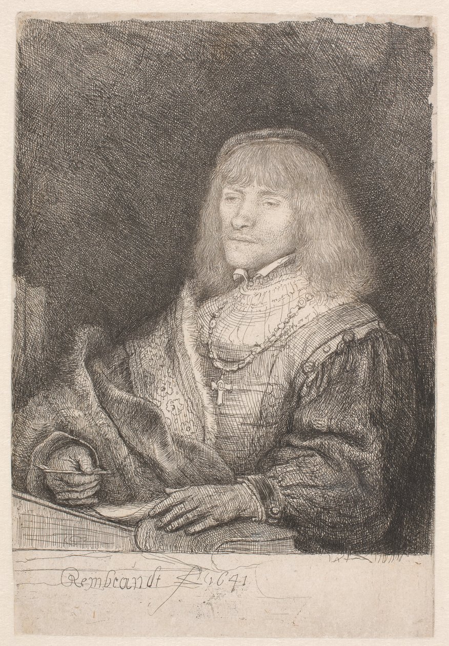 Mand ved et skrivebord, iført et kors og en kæde af Rembrandt van Rijn
