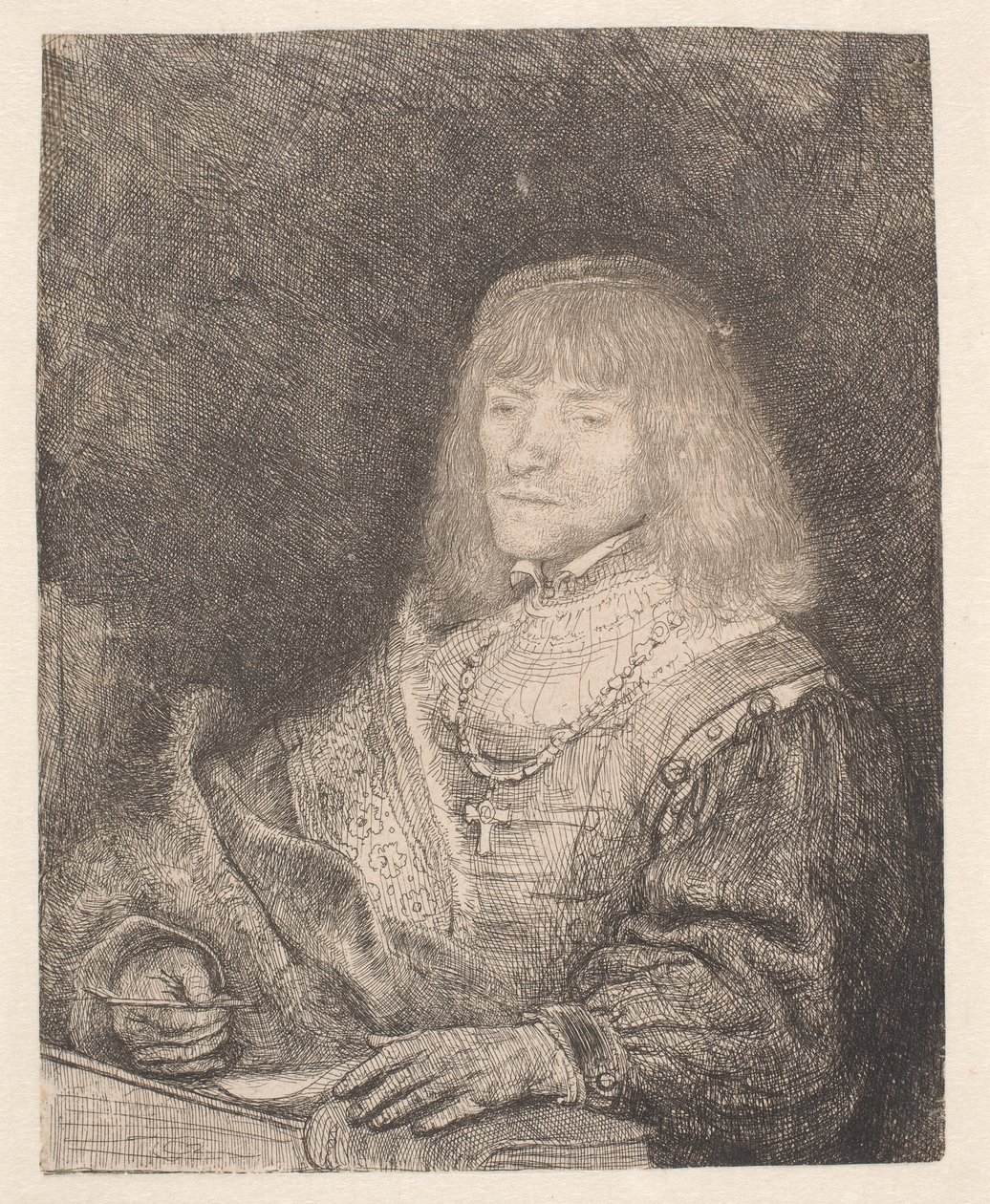 Mand ved et skrivebord, iført et kors og en kæde af Rembrandt van Rijn