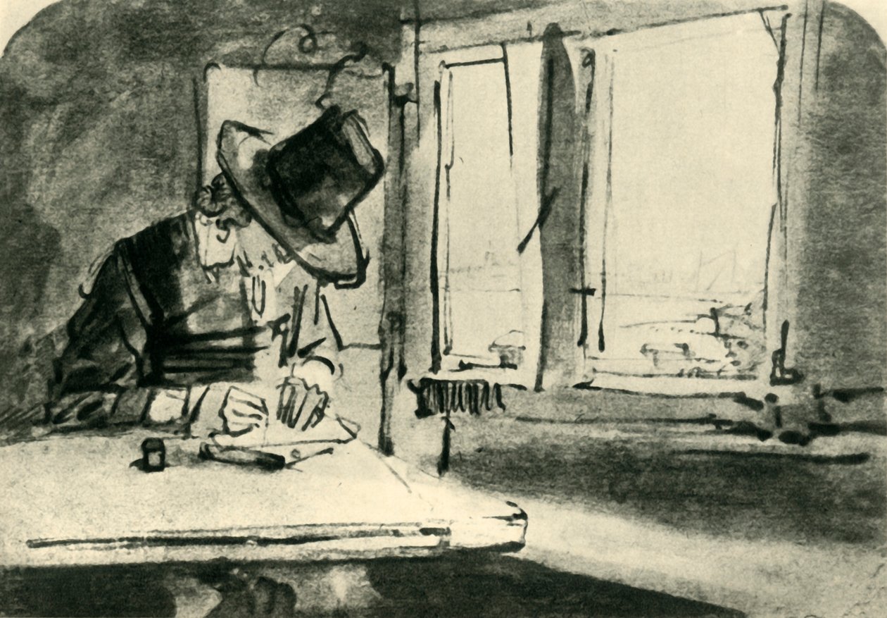 Mand tegner ved vindue, midten af det 17. århundrede, 1943. af Rembrandt van Rijn