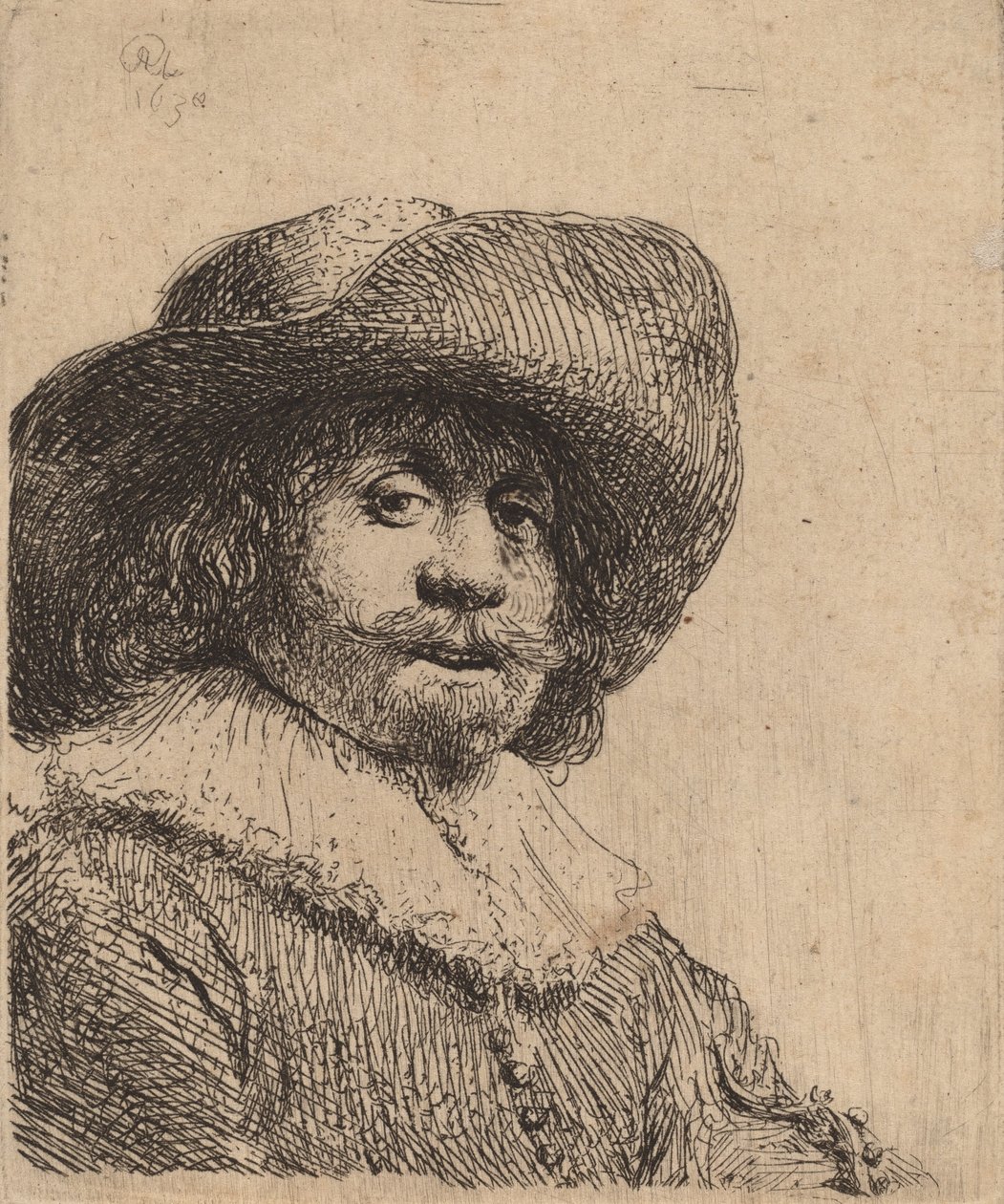 Mand i bredskygget hat, muligvis 1638. af Rembrandt van Rijn