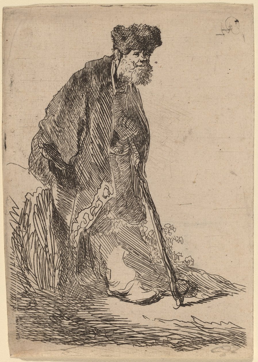 Mand i frakke og pelshue lænet op ad en bank af Rembrandt van Rijn