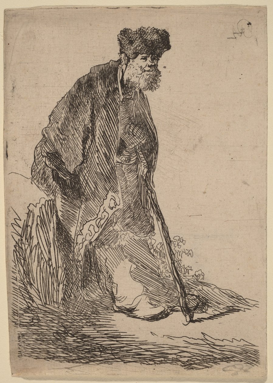 En mand i frakke og pelshue, der læner sig op ad en bænk af Rembrandt van Rijn