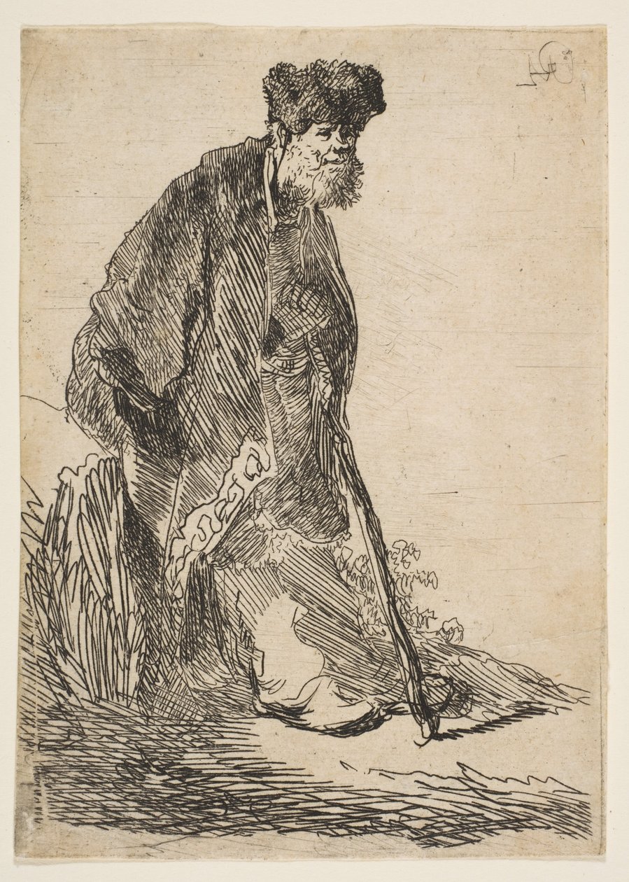 Mand i frakke og pelshue lænet op ad en banke, ca. 1630. af Rembrandt van Rijn