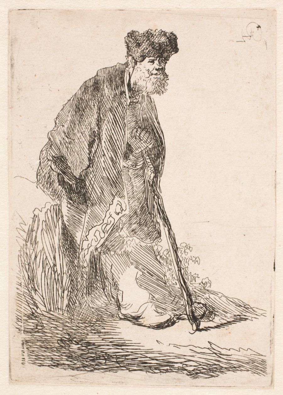 En mand i kappe og pelshue, der læner sig op ad en bænk af Rembrandt van Rijn
