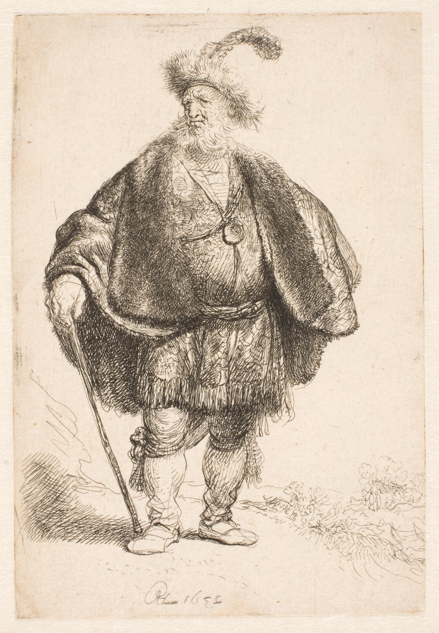 Mand iført orientalsk dragt og en pelshue med fjer af Rembrandt van Rijn