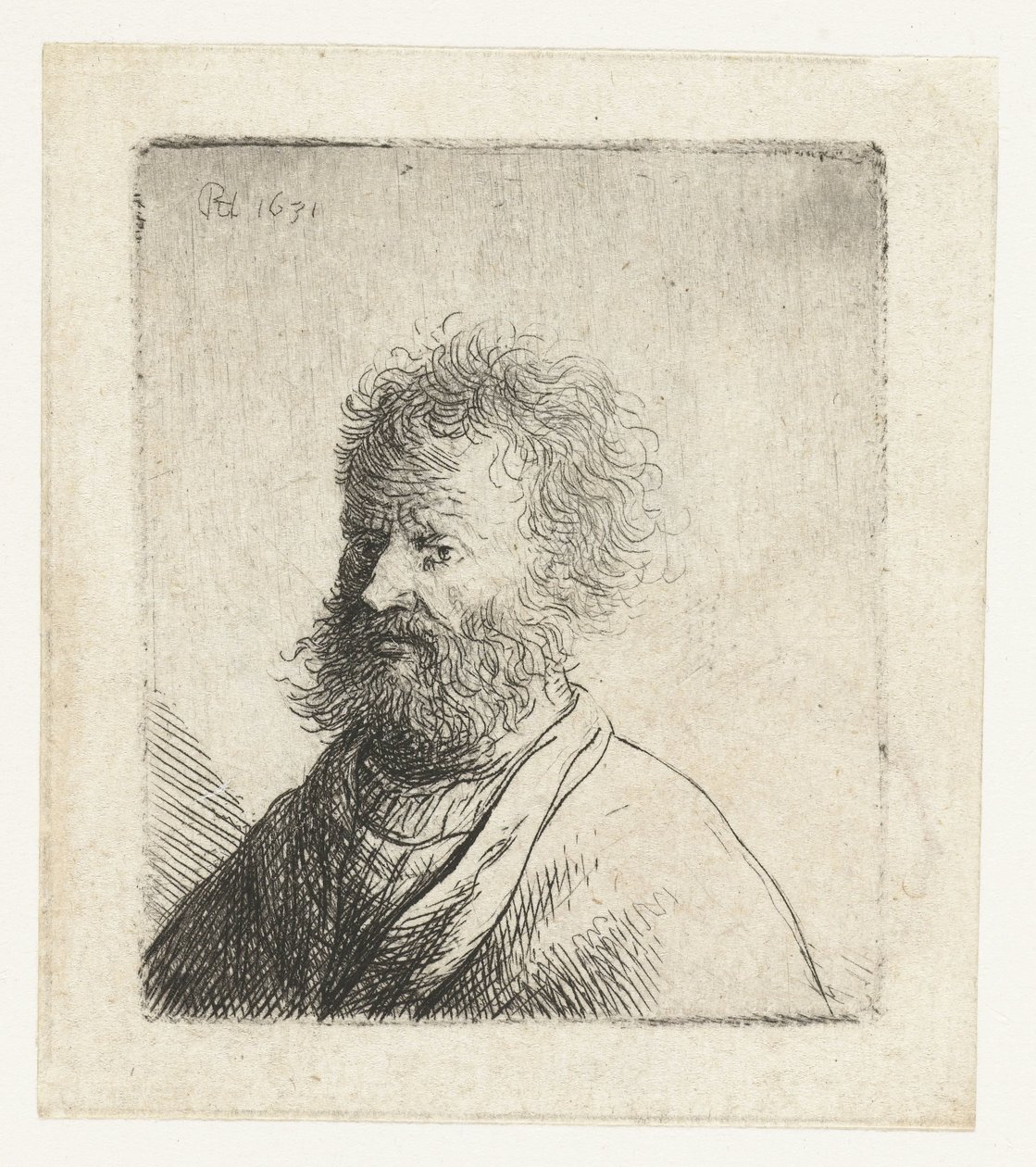 Mand med firkantet skæg og krøllet hår: buste af Rembrandt van Rijn