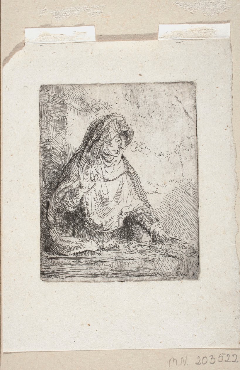 Den Sørgende Jomfru Maria med korsfæstelsens redskaber af Rembrandt van Rijn