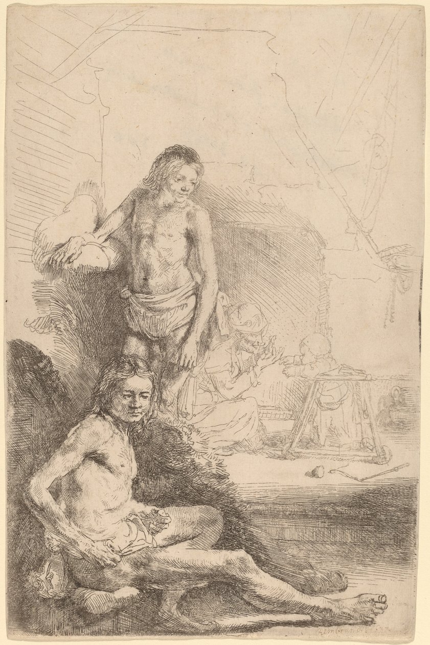 Nøgen mand siddende og nøgen mand stående med en kvinde og baby i baggrunden af Rembrandt van Rijn