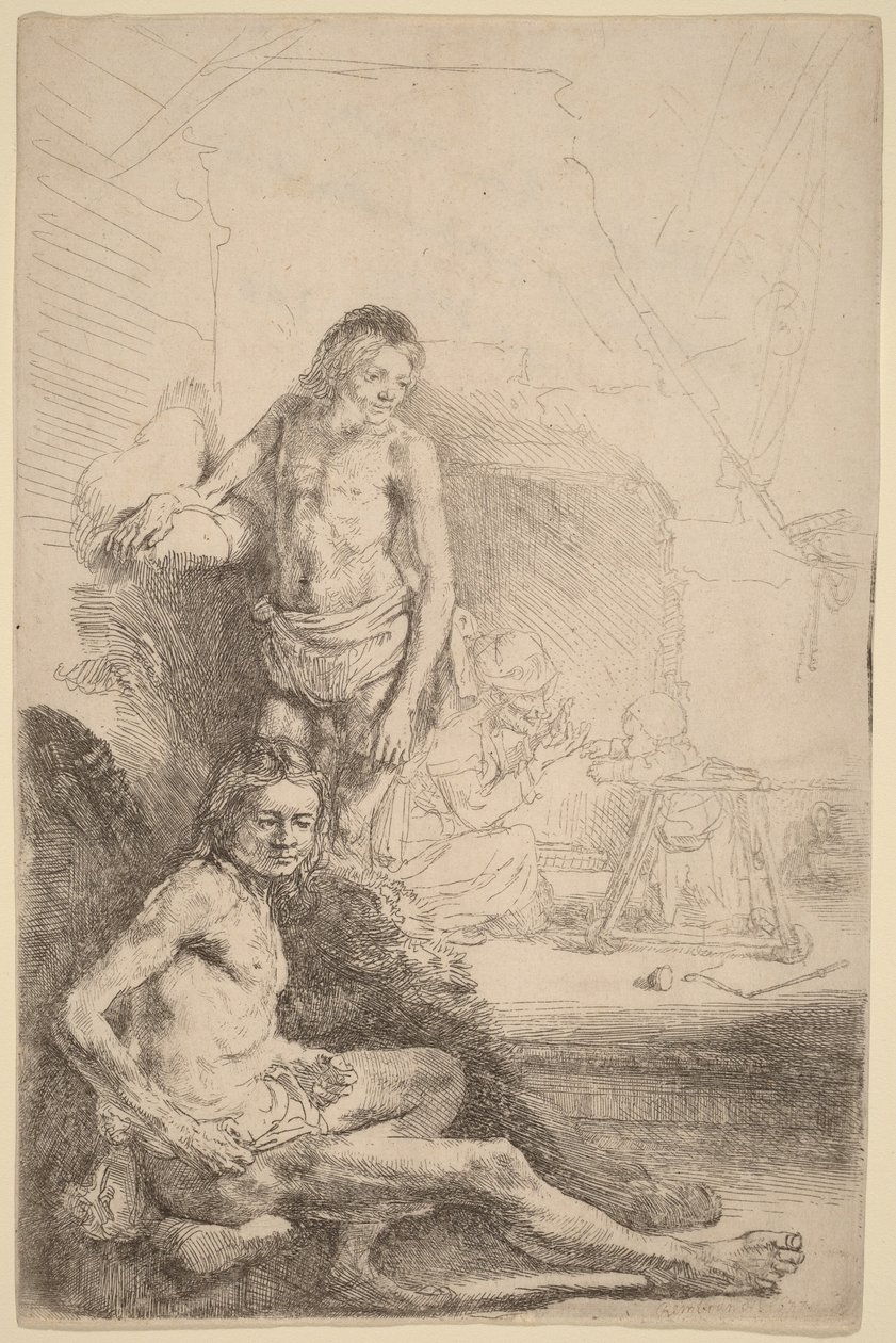 Siddende nøgen mand og stående nøgen mand, med en kvinde og et spædbarn i baggrunden af Rembrandt van Rijn