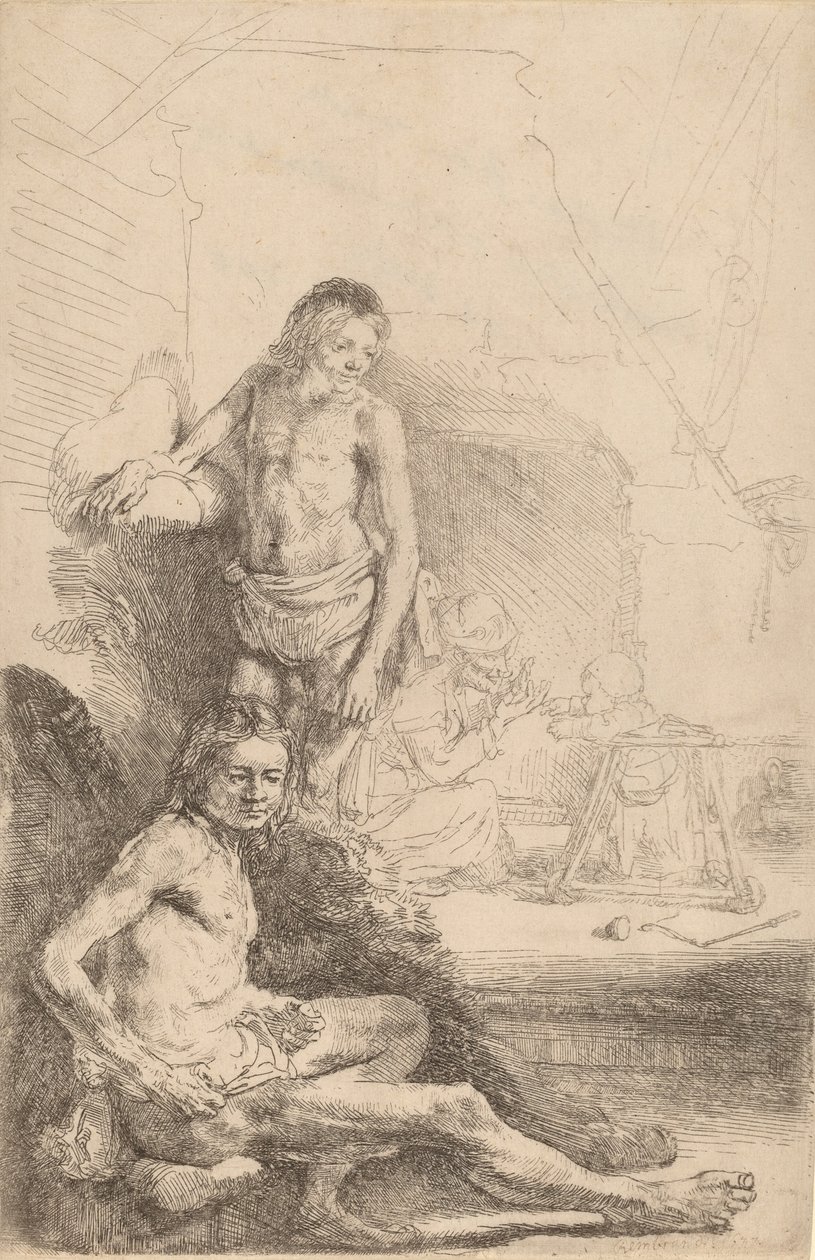 Nøgen mand siddende og nøgen mand stående, med en kvinde og baby i baggrunden, ca. 1646. af Rembrandt van Rijn