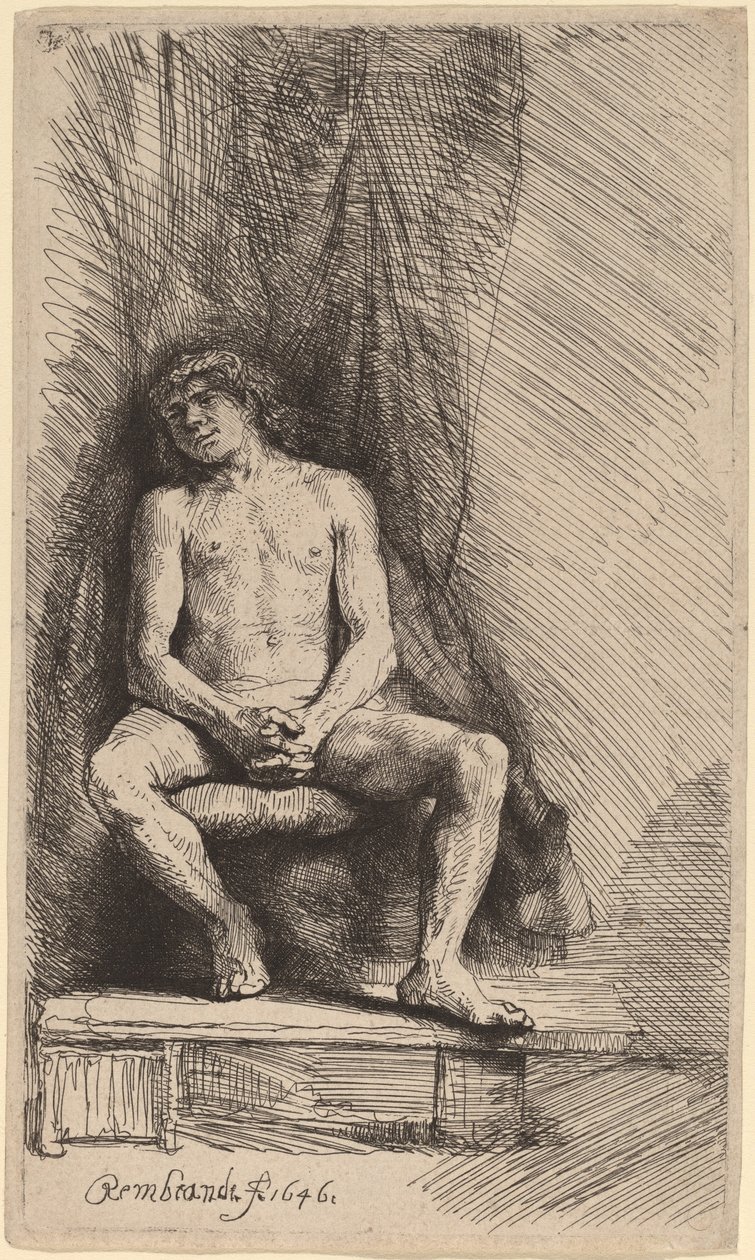 Nøgen mand siddende foran et gardin af Rembrandt van Rijn