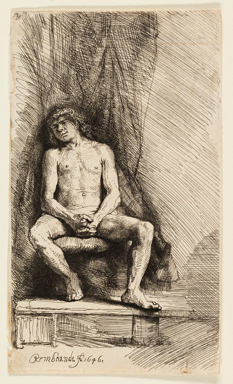 Nøgen mand siddende foran et gardin af Rembrandt van Rijn