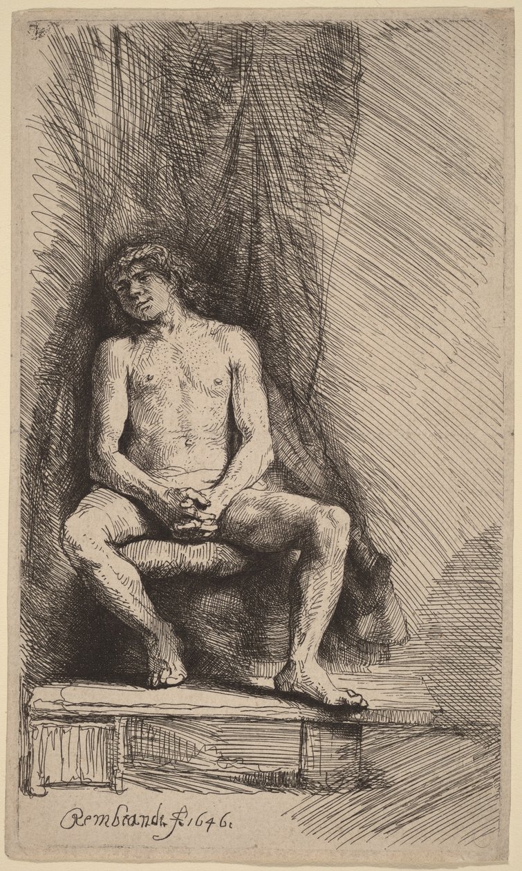 Nøgen mand siddende foran et forhæng af Rembrandt van Rijn