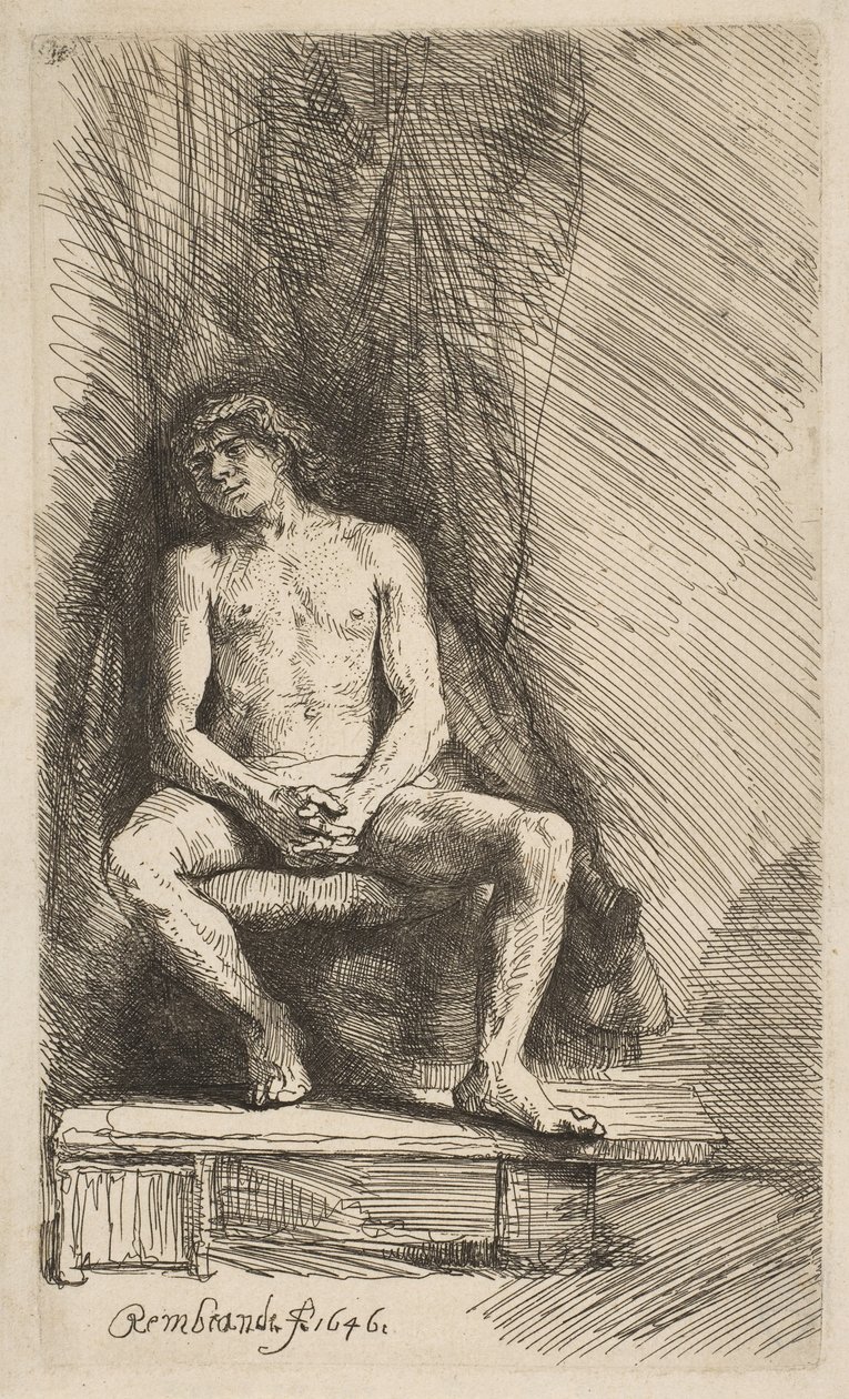 Nøgen mand siddende foran et gardin, 1646. af Rembrandt van Rijn