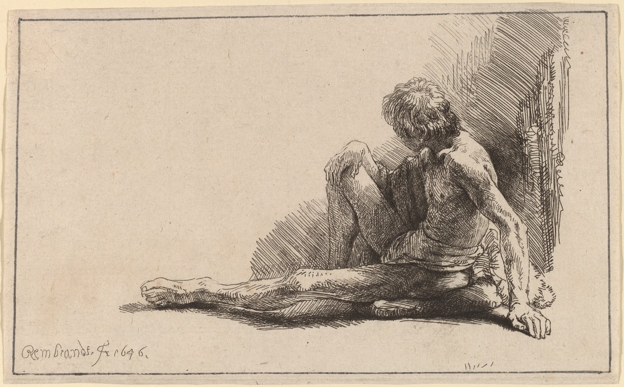 Nøgen mand siddende på jorden med et ben forlænget af Rembrandt van Rijn
