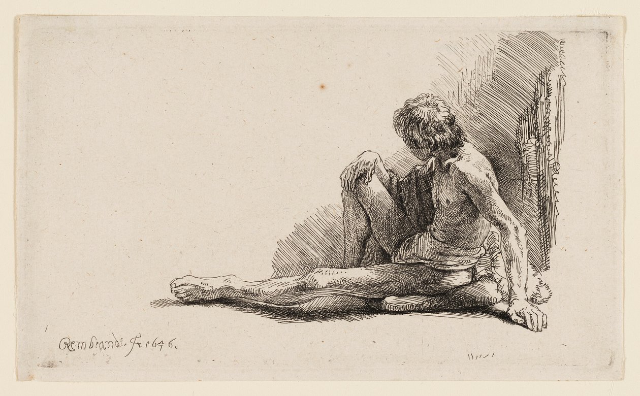 Nøgen mand siddende på jorden med et ben forlænget af Rembrandt van Rijn