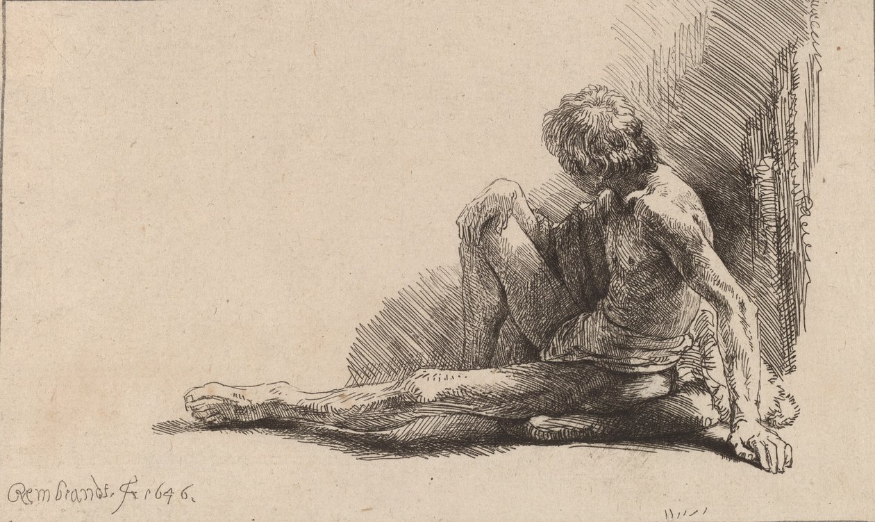Nøgen mand siddende på jorden med et ben forlænget, 1646. af Rembrandt van Rijn