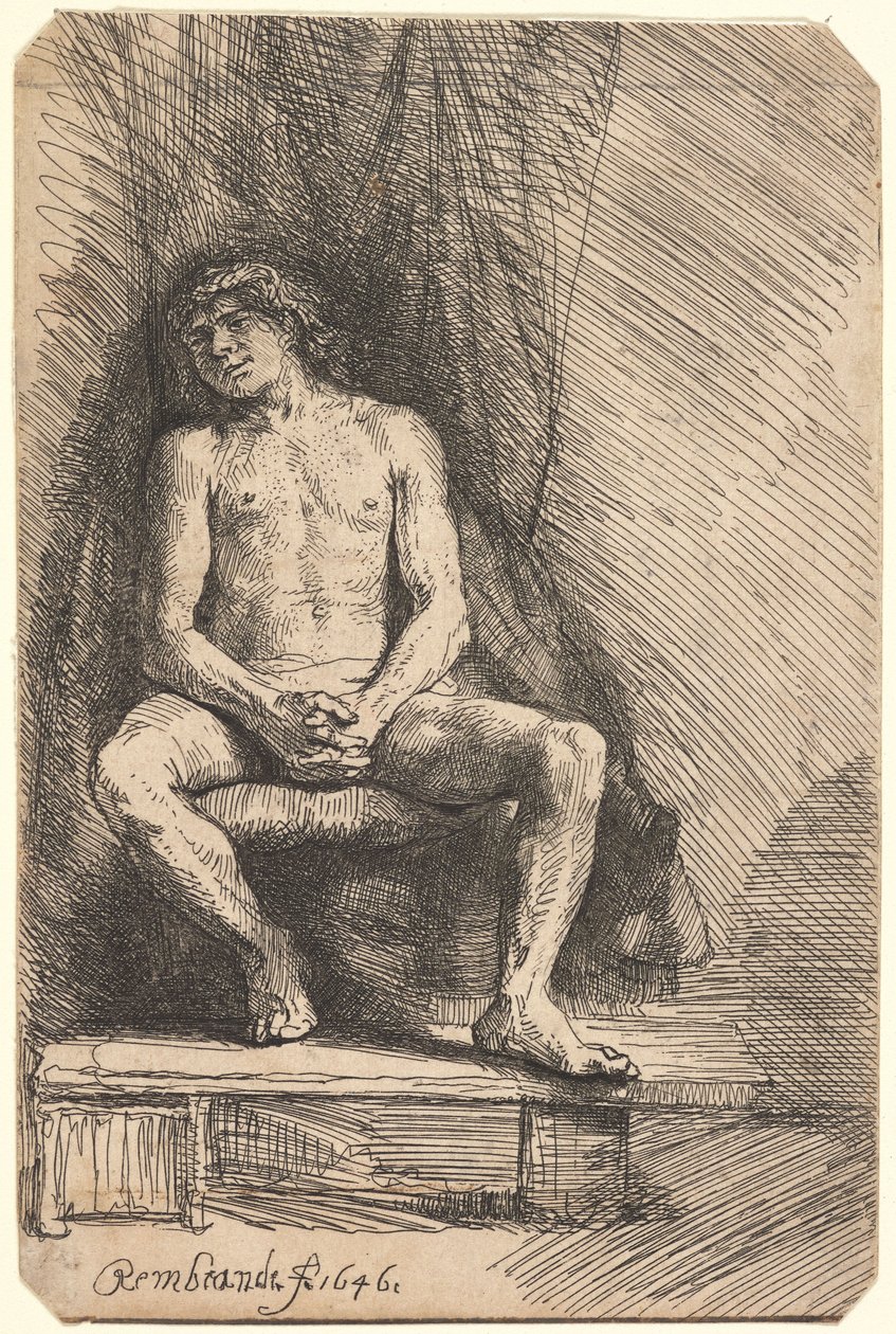 Nøgen mand siddende foran et forhæng (BB.46-Bi) af Rembrandt van Rijn