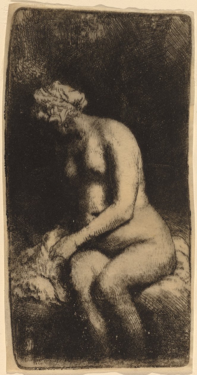 Nøgen siddende på en bænk med en pude (kvinde bader sine fødder ved en bæk) af Rembrandt van Rijn