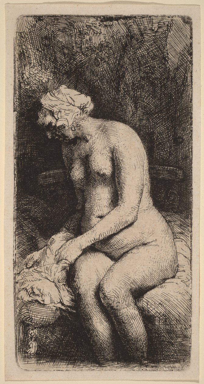 Nøgen kvinde siddende på en bænk med en pude (Kvinde, der vasker sine fødder ved en bæk) af Rembrandt van Rijn