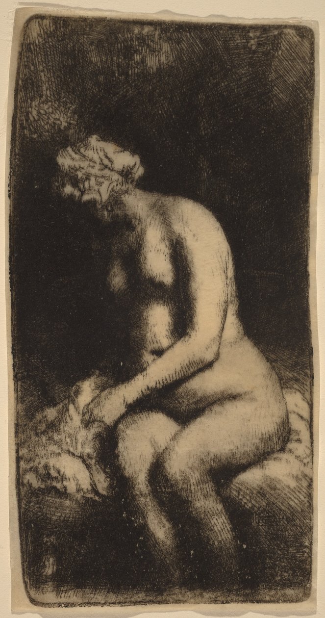 Nøgen kvinde siddende på en bænk med en pude (Kvinde, der vasker sine fødder ved en bæk) af Rembrandt van Rijn