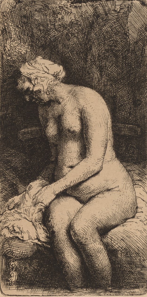 Nøgen siddende på en bænk med en pude kvinde, der bader sine fødder ved en bæk, 1658. af Rembrandt van Rijn