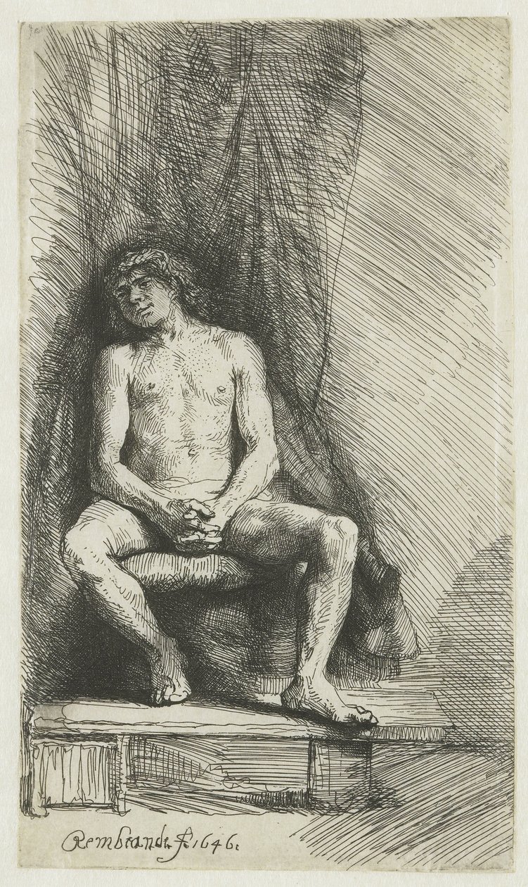 Nøgen ung mand, siddende foran et gardin Nøgen mand siddende foran et gardin af Rembrandt van Rijn