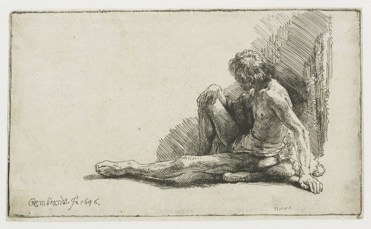 Nøgen mand siddende på jorden med det ene ben strakt af Rembrandt van Rijn