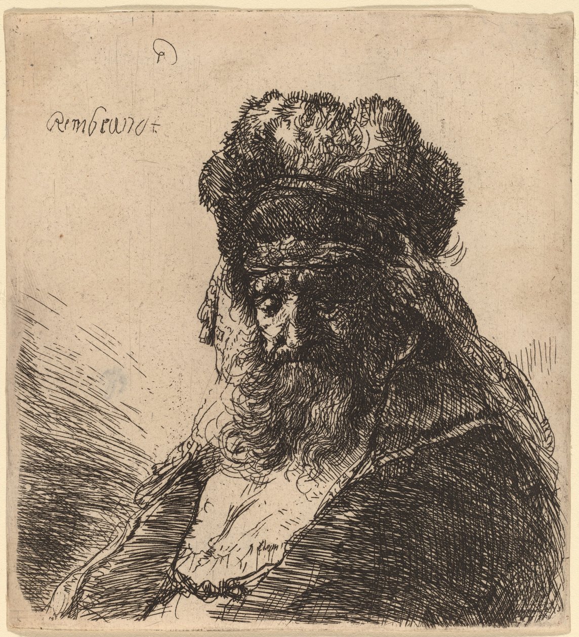 Gammel skægget mand i høj pelshue med lukkede øjne af Rembrandt van Rijn