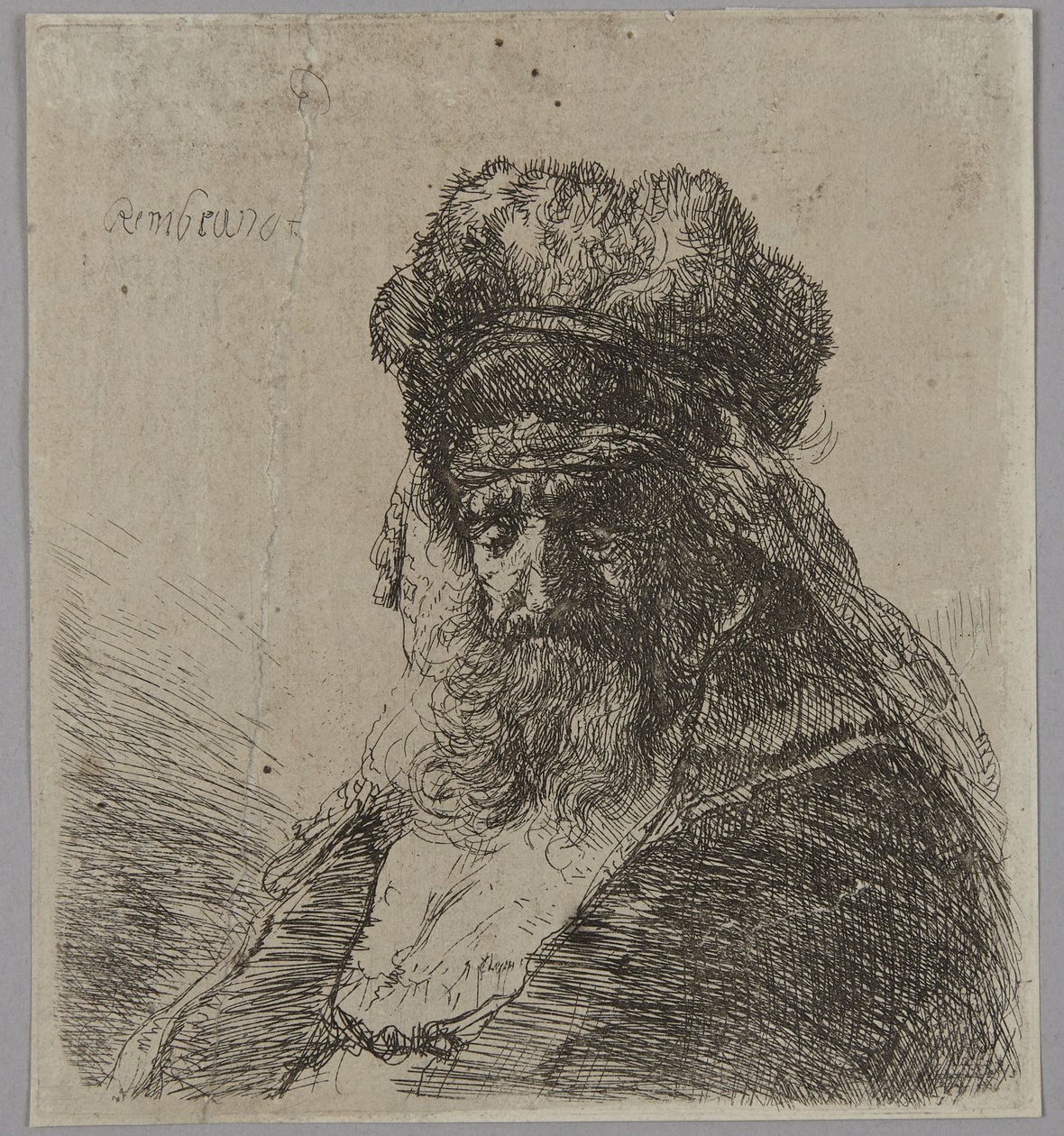 Gammel, skægget mand med høj pelshue og lukkede øjne af Rembrandt van Rijn