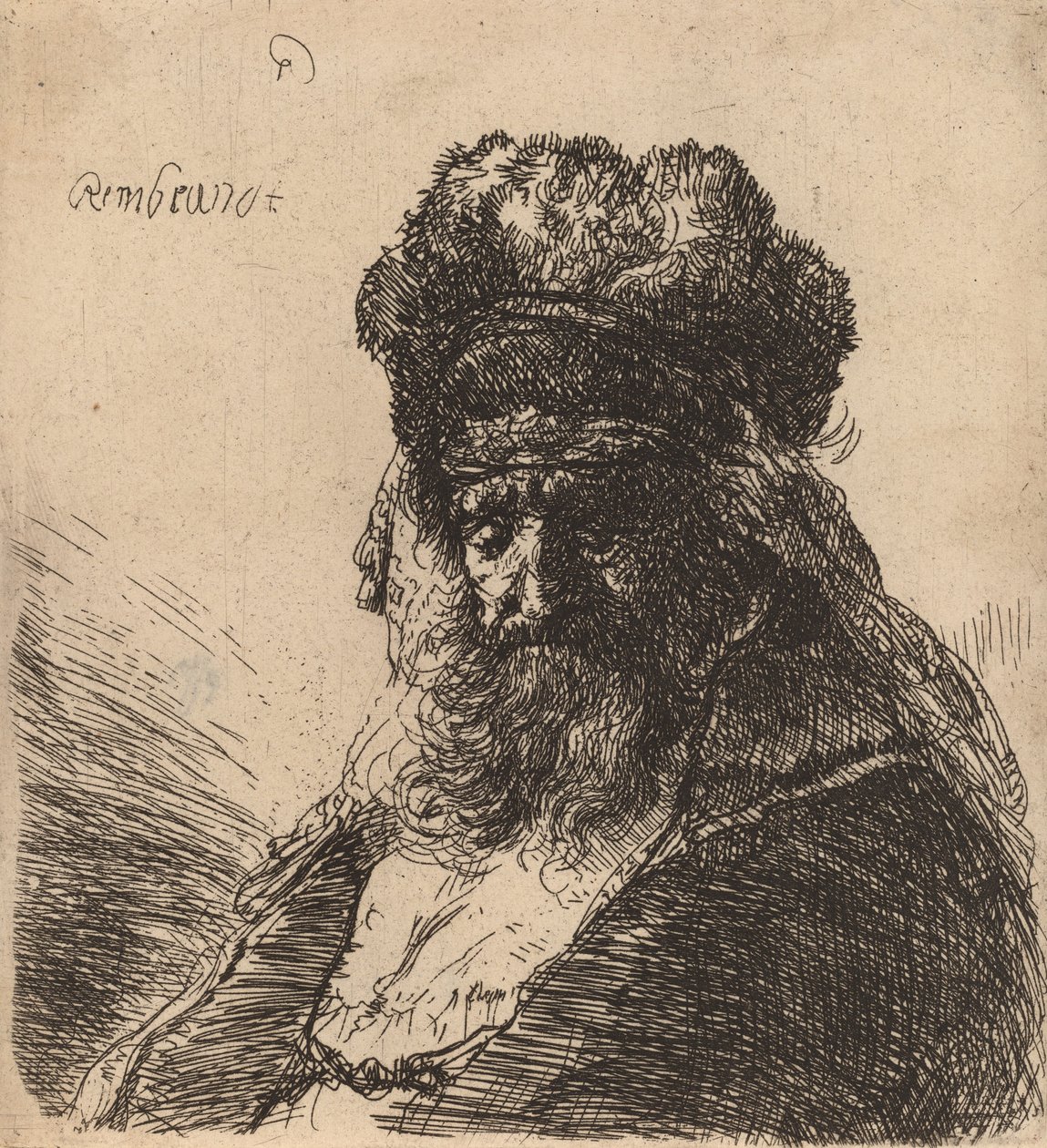 Gammel skægget mand i en høj pelshue, med lukkede øjne, ca. 1635. af Rembrandt van Rijn