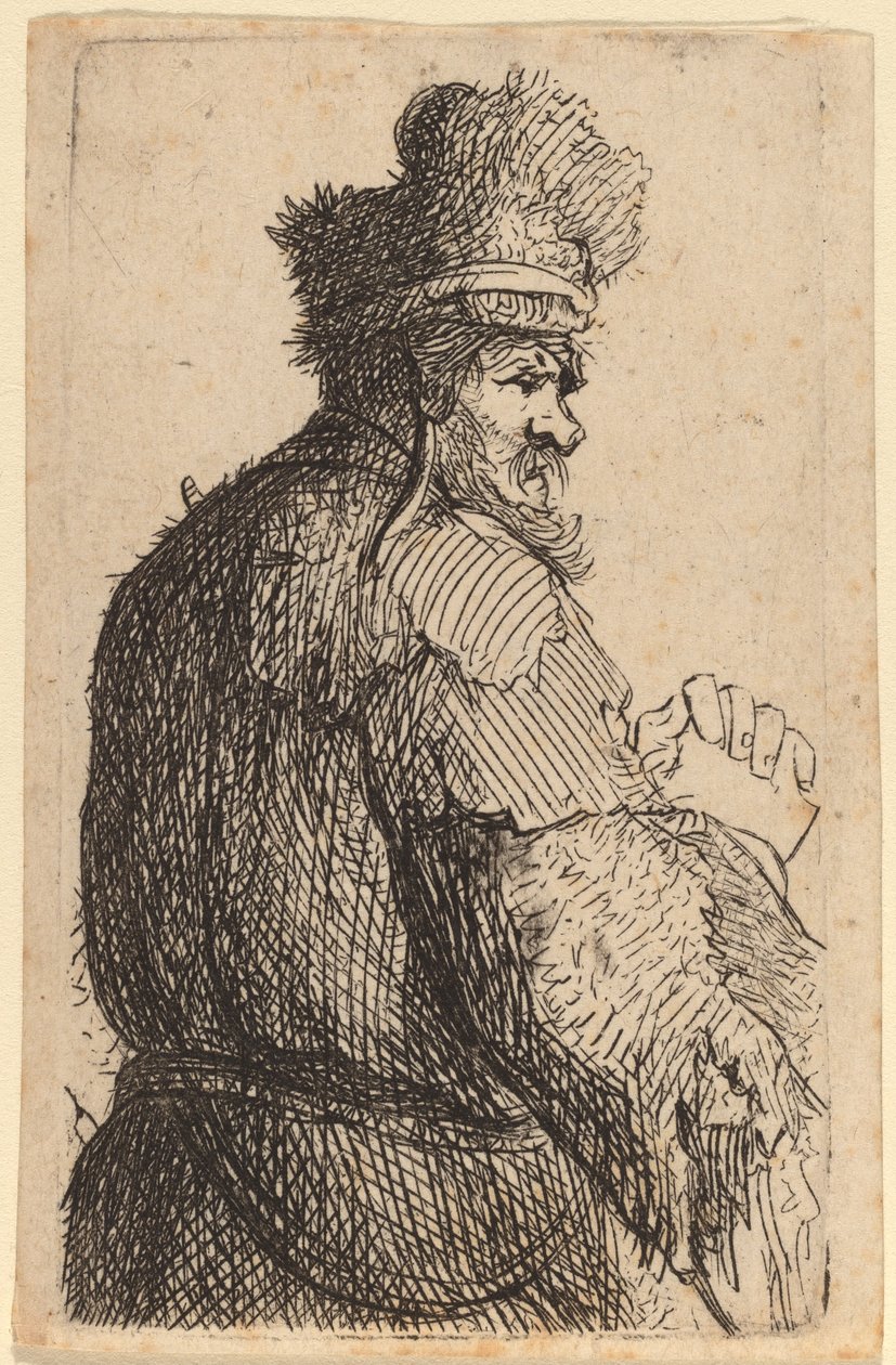 Gammel mand set bagfra, profil til højre af Rembrandt van Rijn